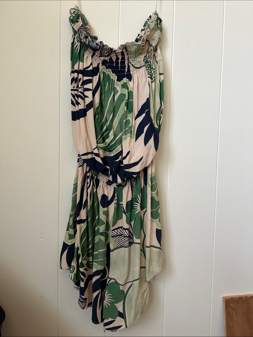 Green and Navy Tropical Print Strapless Romper
